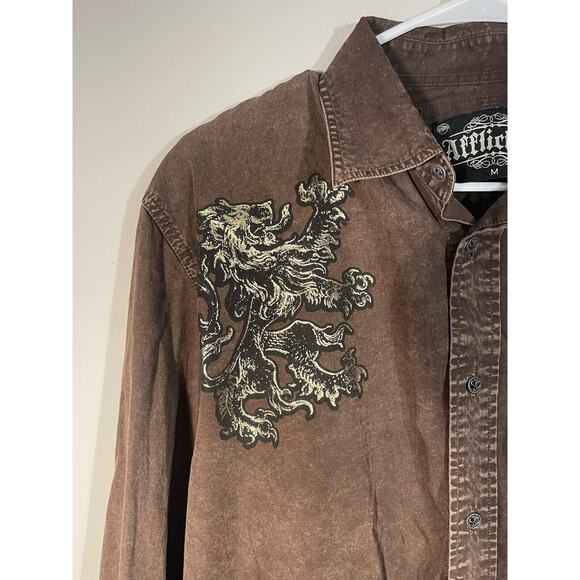 Affliction Gold Lion Brown Long Sleeve Button Up Graphic Print Men's Size M - Picture 4 of 11